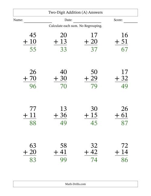 The Two-Digit Addition With No Regrouping – 16 Questions – Large Print (A) Math Worksheet Page 2