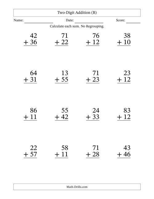 The Two-Digit Addition With No Regrouping – 16 Questions – Large Print (B) Math Worksheet