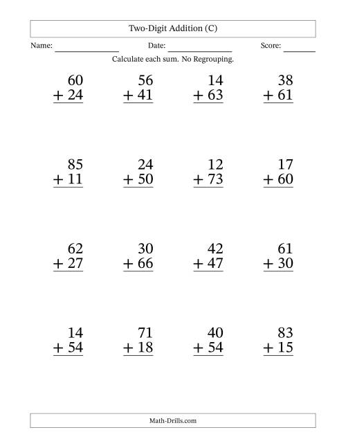 The Two-Digit Addition With No Regrouping – 16 Questions – Large Print (C) Math Worksheet