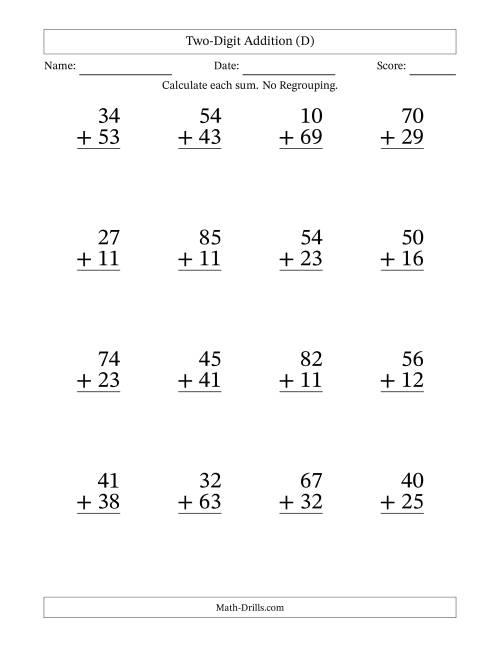 The Two-Digit Addition With No Regrouping – 16 Questions – Large Print (D) Math Worksheet