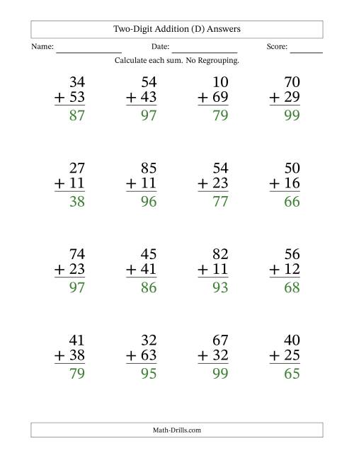 The Two-Digit Addition With No Regrouping – 16 Questions – Large Print (D) Math Worksheet Page 2