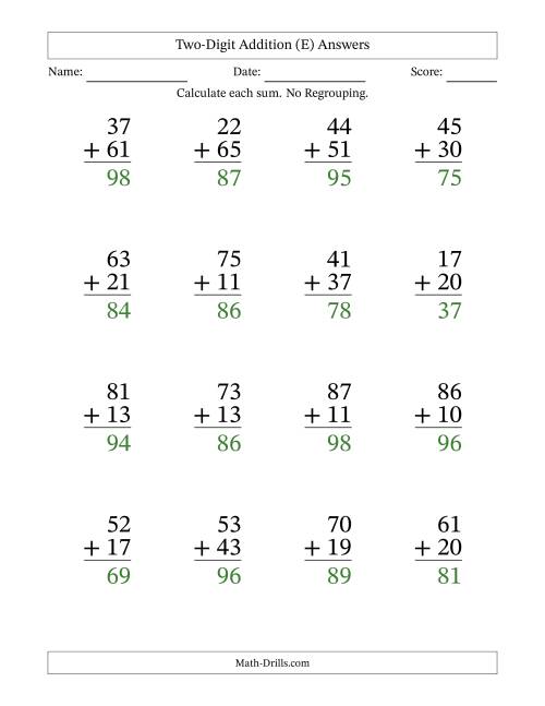 The Two-Digit Addition With No Regrouping – 16 Questions – Large Print (E) Math Worksheet Page 2