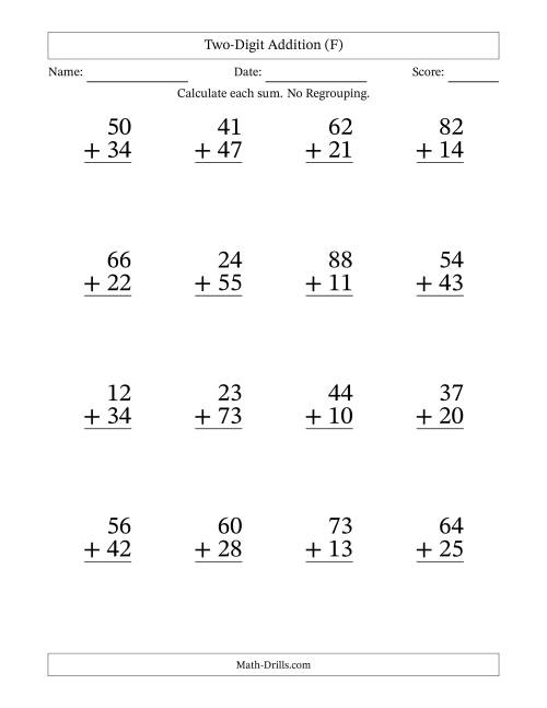 The Two-Digit Addition With No Regrouping – 16 Questions – Large Print (F) Math Worksheet