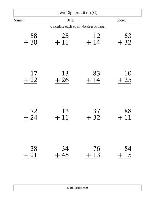 The Two-Digit Addition With No Regrouping – 16 Questions – Large Print (G) Math Worksheet