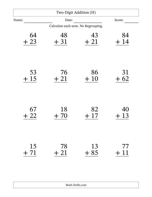 The Two-Digit Addition With No Regrouping – 16 Questions – Large Print (H) Math Worksheet