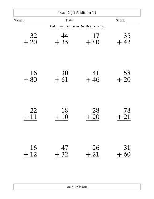 The Two-Digit Addition With No Regrouping – 16 Questions – Large Print (I) Math Worksheet