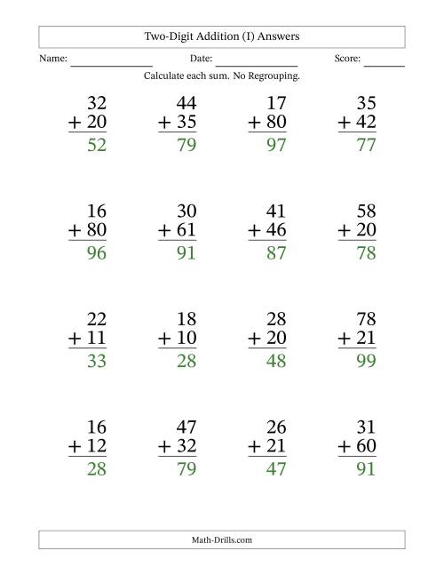 The Two-Digit Addition With No Regrouping – 16 Questions – Large Print (I) Math Worksheet Page 2