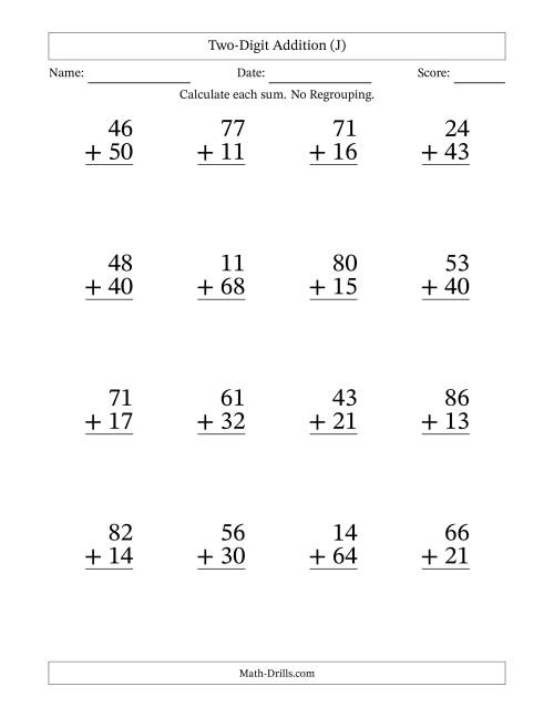 The Two-Digit Addition With No Regrouping – 16 Questions – Large Print (J) Math Worksheet