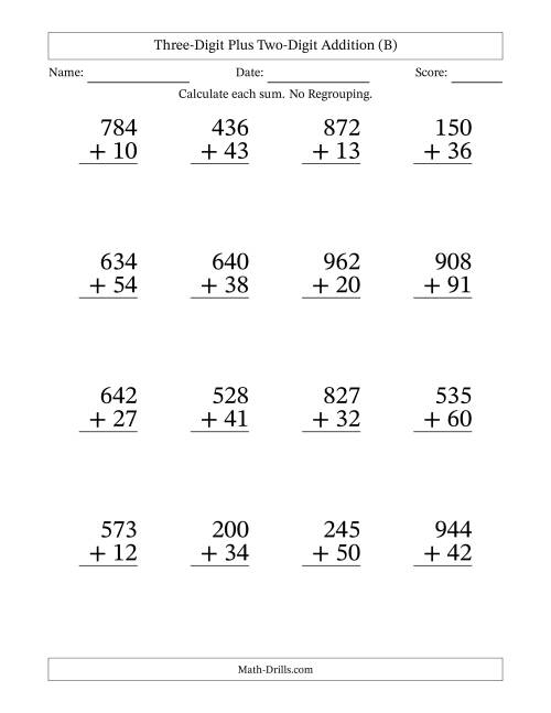 The Three-Digit Plus Two-Digit Addition With No Regrouping – 16 Questions – Large Print (B) Math Worksheet
