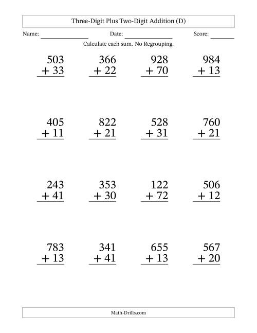 The Three-Digit Plus Two-Digit Addition With No Regrouping – 16 Questions – Large Print (D) Math Worksheet