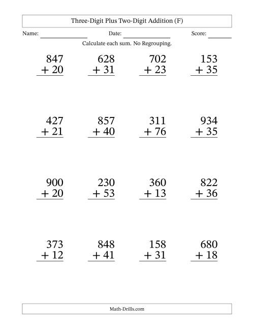 The Three-Digit Plus Two-Digit Addition With No Regrouping – 16 Questions – Large Print (F) Math Worksheet