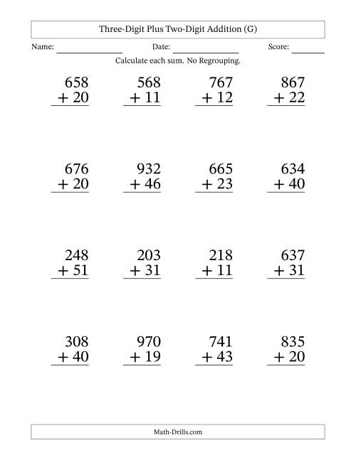 The Three-Digit Plus Two-Digit Addition With No Regrouping – 16 Questions – Large Print (G) Math Worksheet