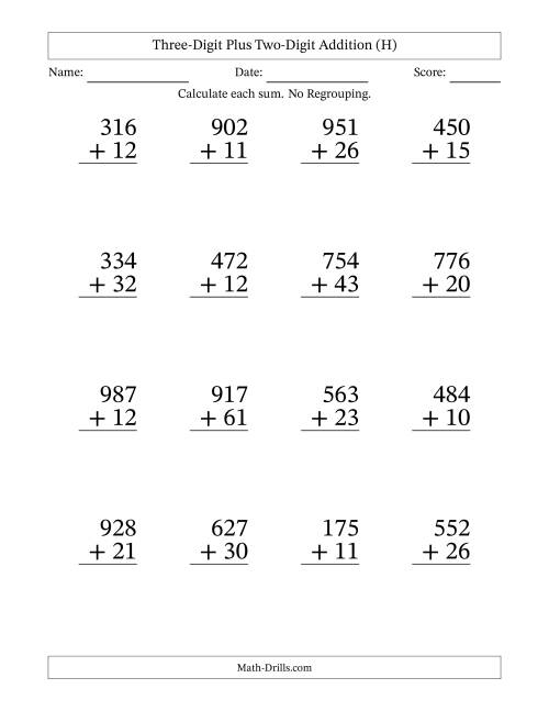 The Three-Digit Plus Two-Digit Addition With No Regrouping – 16 Questions – Large Print (H) Math Worksheet
