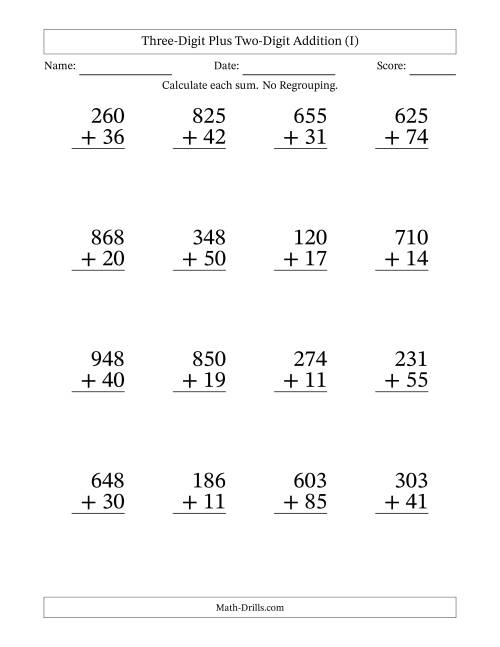 The Three-Digit Plus Two-Digit Addition With No Regrouping – 16 Questions – Large Print (I) Math Worksheet