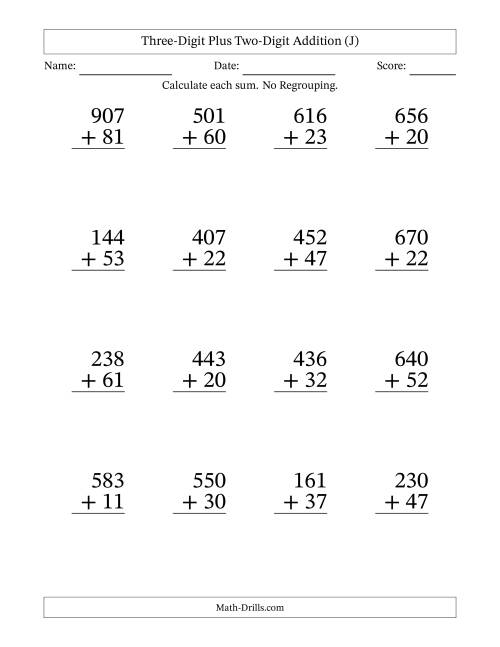 The Three-Digit Plus Two-Digit Addition With No Regrouping – 16 Questions – Large Print (J) Math Worksheet