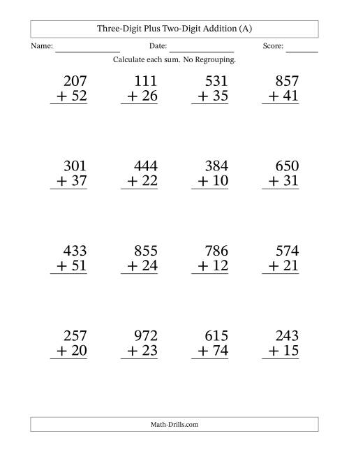 The Three-Digit Plus Two-Digit Addition With No Regrouping – 16 Questions – Large Print (All) Math Worksheet