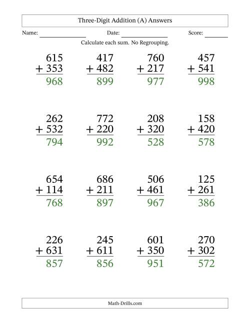 The Large Print 3-Digit Plus 3-Digit Addition with NO Regrouping (A) Math Worksheet Page 2