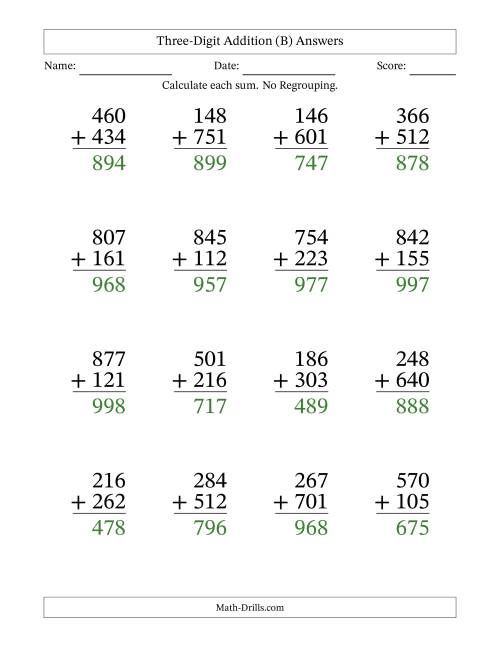 The Large Print 3-Digit Plus 3-Digit Addition with NO Regrouping (B) Math Worksheet Page 2
