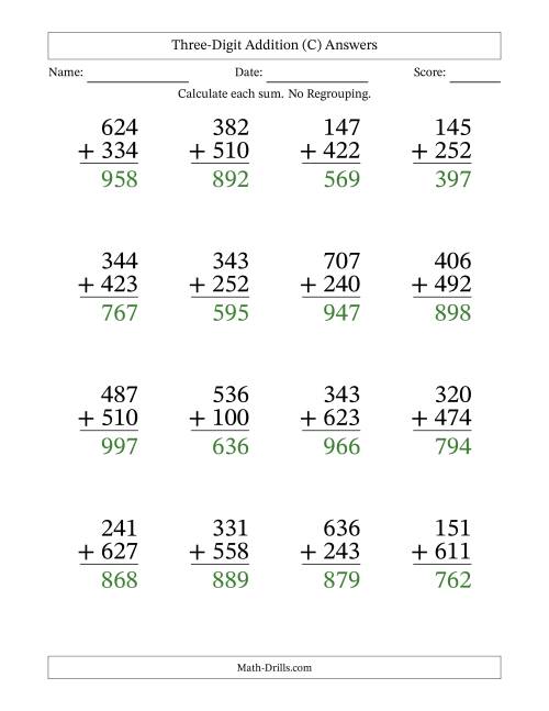 The Three-Digit Addition With No Regrouping – 16 Questions – Large Print (C) Math Worksheet Page 2