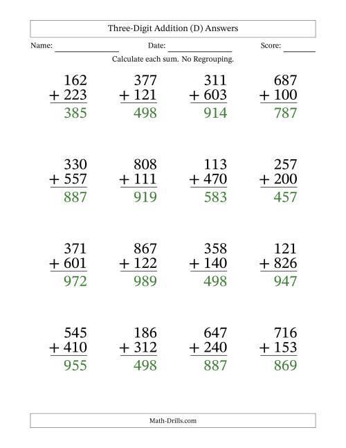 The Three-Digit Addition With No Regrouping – 16 Questions – Large Print (D) Math Worksheet Page 2