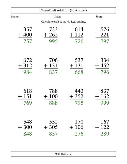The Three-Digit Addition With No Regrouping – 16 Questions – Large Print (F) Math Worksheet Page 2
