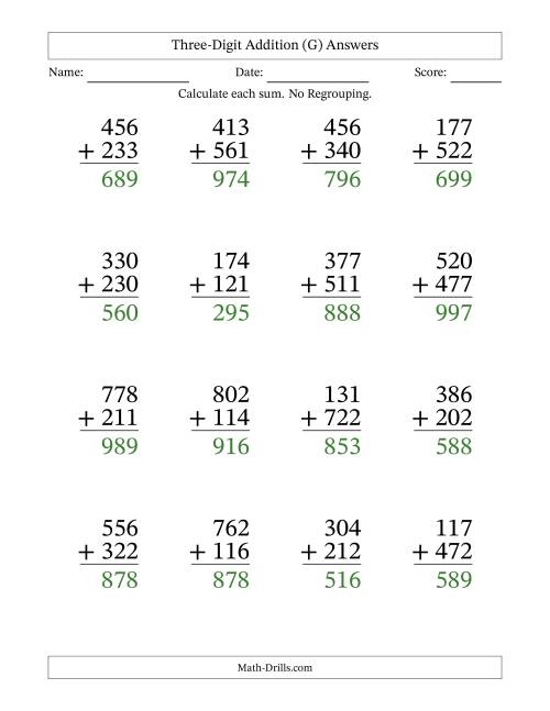 The Three-Digit Addition With No Regrouping – 16 Questions – Large Print (G) Math Worksheet Page 2