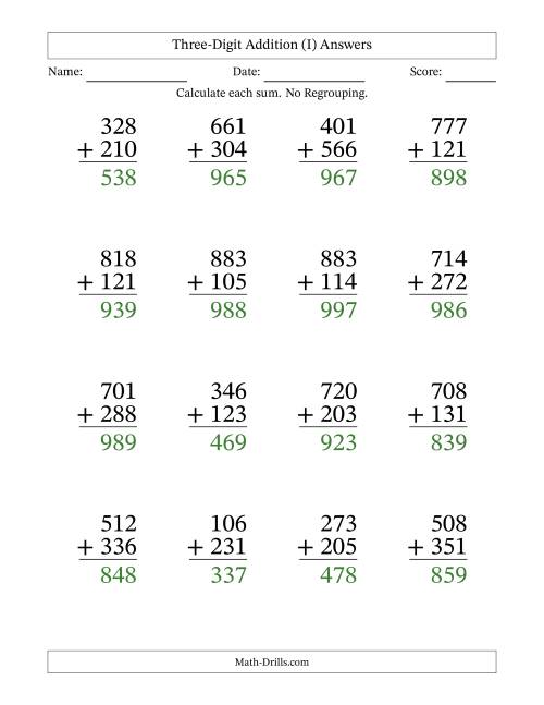 The Large Print 3-Digit Plus 3-Digit Addition with NO Regrouping (I) Math Worksheet Page 2