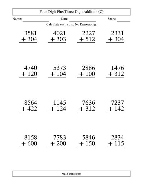 The Four-Digit Plus Three-Digit Addition With No Regrouping – 16 Questions – Large Print (C) Math Worksheet