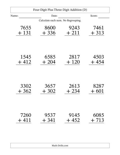 The Four-Digit Plus Three-Digit Addition With No Regrouping – 16 Questions – Large Print (D) Math Worksheet
