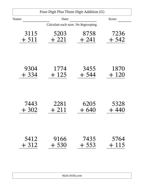 The Large Print 4-Digit Plus 3-Digit Addition with NO Regrouping (G) Math Worksheet
