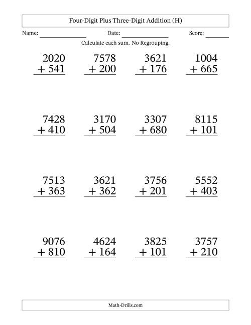 The Four-Digit Plus Three-Digit Addition With No Regrouping – 16 Questions – Large Print (H) Math Worksheet