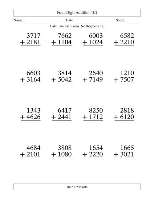 The Four-Digit Addition With No Regrouping – 16 Questions – Large Print (C) Math Worksheet