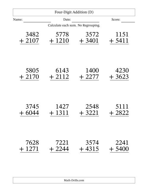 The Large Print 4-Digit Plus 4-Digit Addition with NO Regrouping (D) Math Worksheet