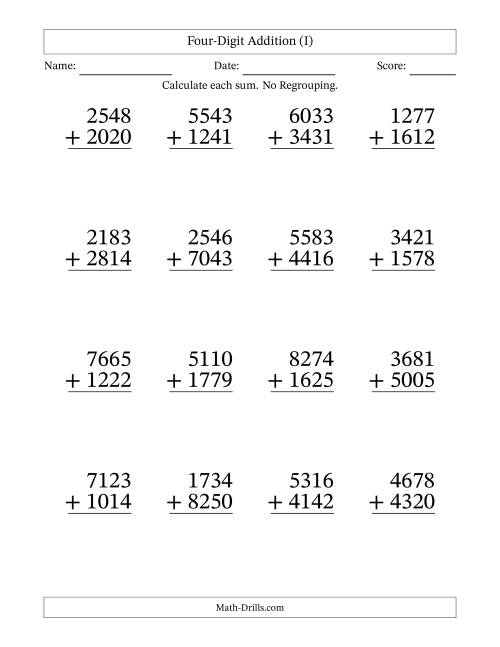 The Four-Digit Addition With No Regrouping – 16 Questions – Large Print (I) Math Worksheet