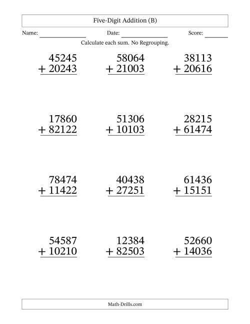 The Five-Digit Addition With No Regrouping – 12 Questions – Large Print (B) Math Worksheet