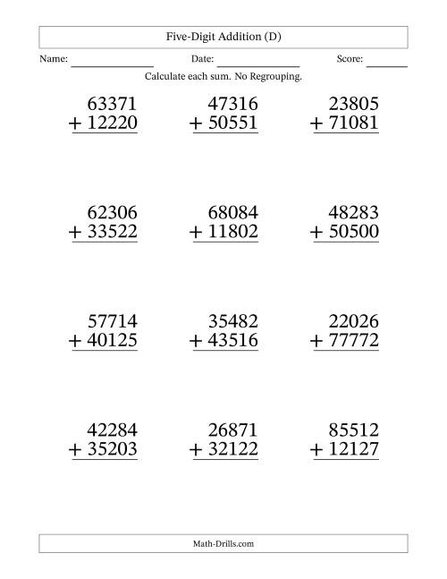 The Five-Digit Addition With No Regrouping – 12 Questions – Large Print (D) Math Worksheet