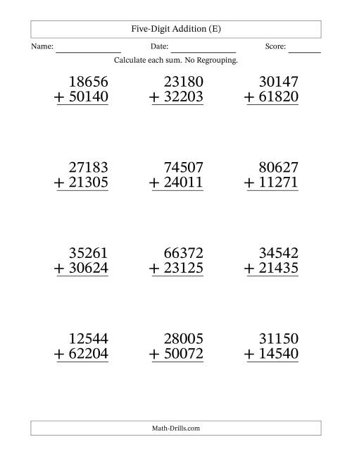 The Large Print 5-Digit Plus 5-Digit Addition with NO Regrouping (E) Math Worksheet