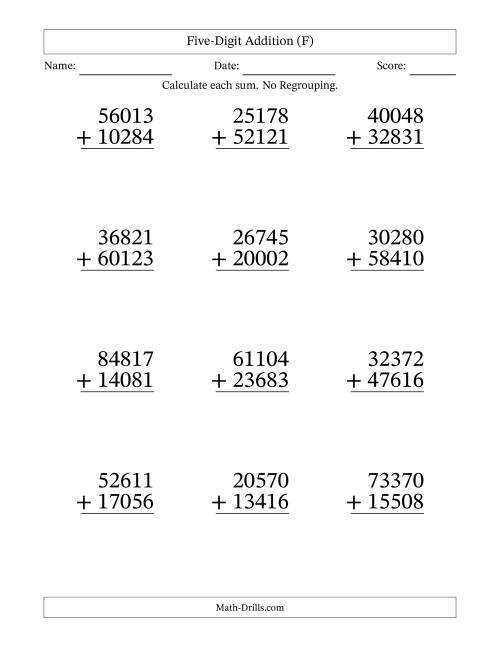 The Five-Digit Addition With No Regrouping – 12 Questions – Large Print (F) Math Worksheet