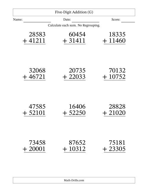 The Five-Digit Addition With No Regrouping – 12 Questions – Large Print (G) Math Worksheet