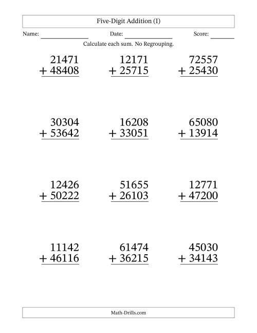 The Large Print 5-Digit Plus 5-Digit Addition with NO Regrouping (I) Math Worksheet