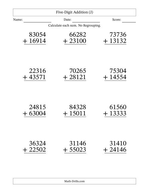 The Large Print 5-Digit Plus 5-Digit Addition with NO Regrouping (J) Math Worksheet