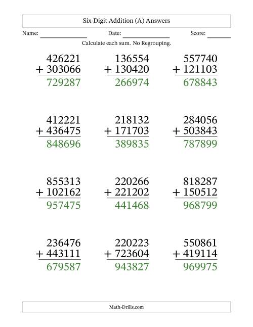 The Large Print 6-Digit Plus 6-Digit Addition with NO Regrouping (A) Math Worksheet Page 2