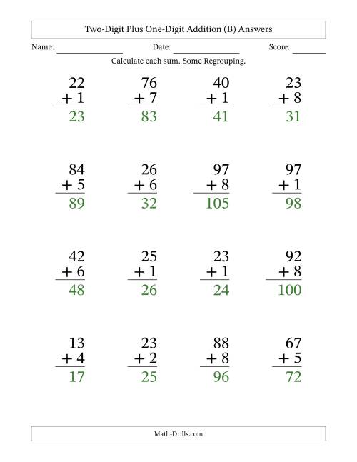 The Two-Digit Plus One-Digit Addition With Some Regrouping – 16 Questions – Large Print (B) Math Worksheet Page 2