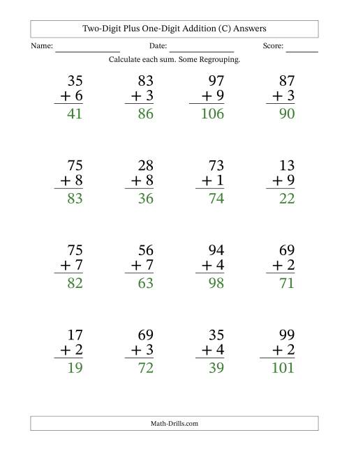 The Two-Digit Plus One-Digit Addition With Some Regrouping – 16 Questions – Large Print (C) Math Worksheet Page 2