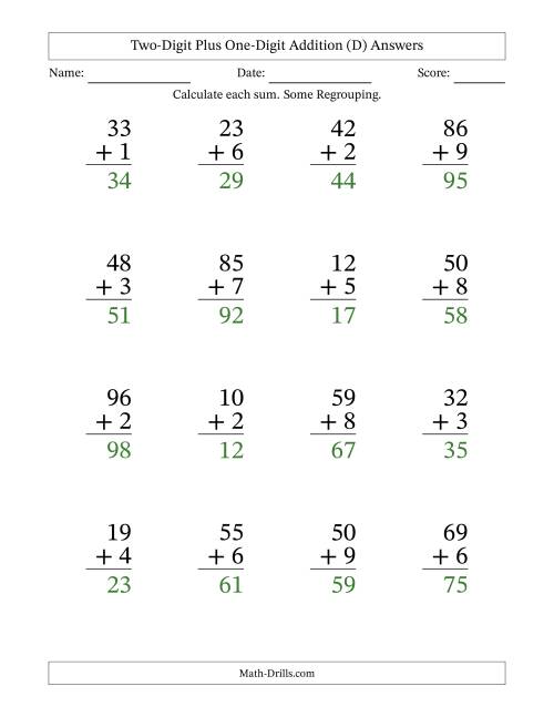 The Two-Digit Plus One-Digit Addition With Some Regrouping – 16 Questions – Large Print (D) Math Worksheet Page 2