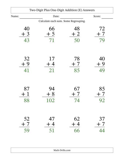 The Two-Digit Plus One-Digit Addition With Some Regrouping – 16 Questions – Large Print (E) Math Worksheet Page 2