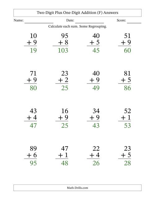 The Two-Digit Plus One-Digit Addition With Some Regrouping – 16 Questions – Large Print (F) Math Worksheet Page 2