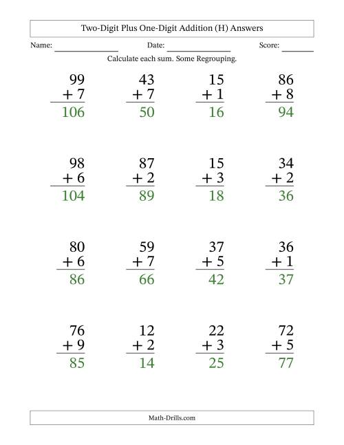 The Two-Digit Plus One-Digit Addition With Some Regrouping – 16 Questions – Large Print (H) Math Worksheet Page 2