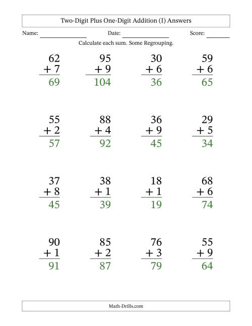The Two-Digit Plus One-Digit Addition With Some Regrouping – 16 Questions – Large Print (I) Math Worksheet Page 2