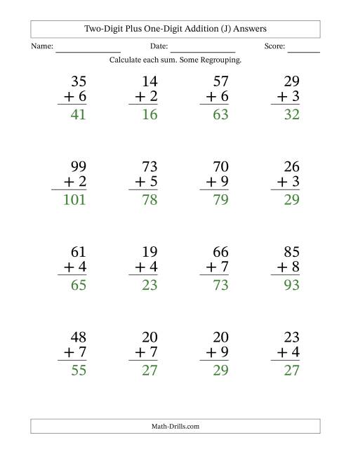 The Two-Digit Plus One-Digit Addition With Some Regrouping – 16 Questions – Large Print (J) Math Worksheet Page 2